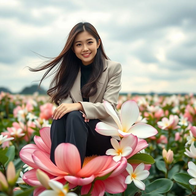 A beautiful young Korean woman, captivating and charming, sitting gracefully atop a large jasmine flower, casting a gentle smile at the camera