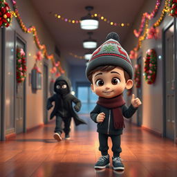 a lively 3D animated scene set inside an empty school corridor during a winter night, adorned with vibrant Christmas decorations and twinkling lights