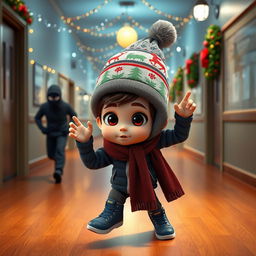 a lively 3D animated scene set inside an empty school corridor during a winter night, adorned with vibrant Christmas decorations and twinkling lights