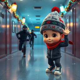 a lively 3D animated scene set inside an empty school corridor during a winter night, adorned with vibrant Christmas decorations and twinkling lights