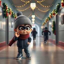 a lively 3D animated scene set inside an empty school corridor during a winter night, adorned with vibrant Christmas decorations and twinkling lights