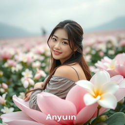 A beautiful young Korean woman with an elegant appearance, sitting on a large jasmine flower while gently glancing at the camera with a soft smile