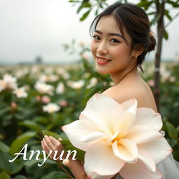 A beautiful young Korean woman with an elegant appearance, sitting on a large jasmine flower while gently glancing at the camera with a soft smile