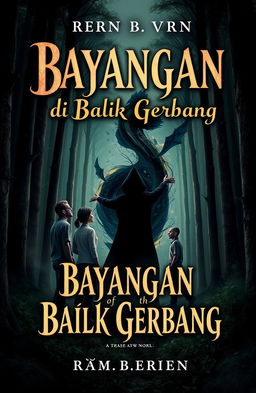 A gripping book cover design for a novel titled 'Bayangan di Balik Gerbang'