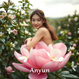 A beautiful young Korean woman with an elegant appearance, sitting on a large jasmine flower while gently glancing at the camera with a soft smile