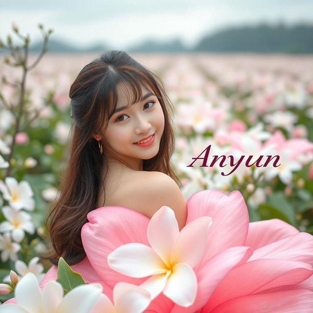 A beautiful young Korean woman with an elegant appearance, sitting on a large jasmine flower while gently glancing at the camera with a soft smile