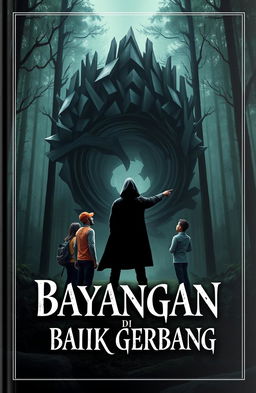 A gripping book cover design for a novel titled 'Bayangan di Balik Gerbang'