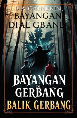 A gripping book cover design for a novel titled 'Bayangan di Balik Gerbang'