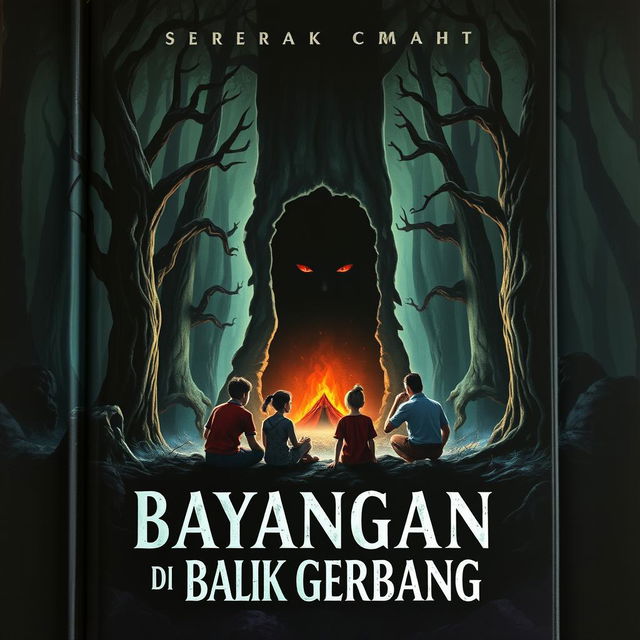 Cover design for a thrilling novel titled 'Bayangan di Balik Gerbang'