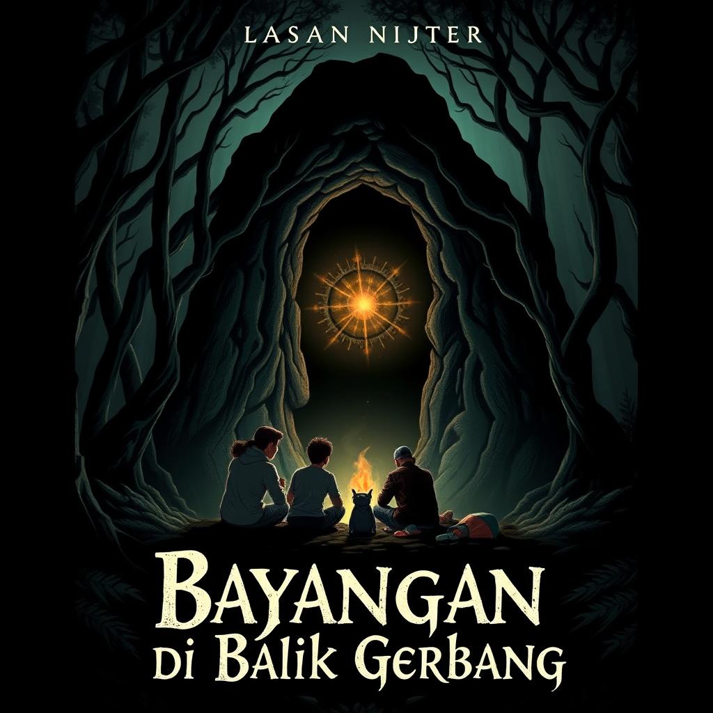 Cover design for a thrilling novel titled 'Bayangan di Balik Gerbang'