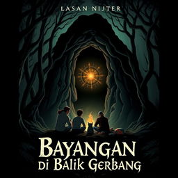 Cover design for a thrilling novel titled 'Bayangan di Balik Gerbang'