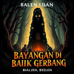 Cover design for a thrilling novel titled 'Bayangan di Balik Gerbang'