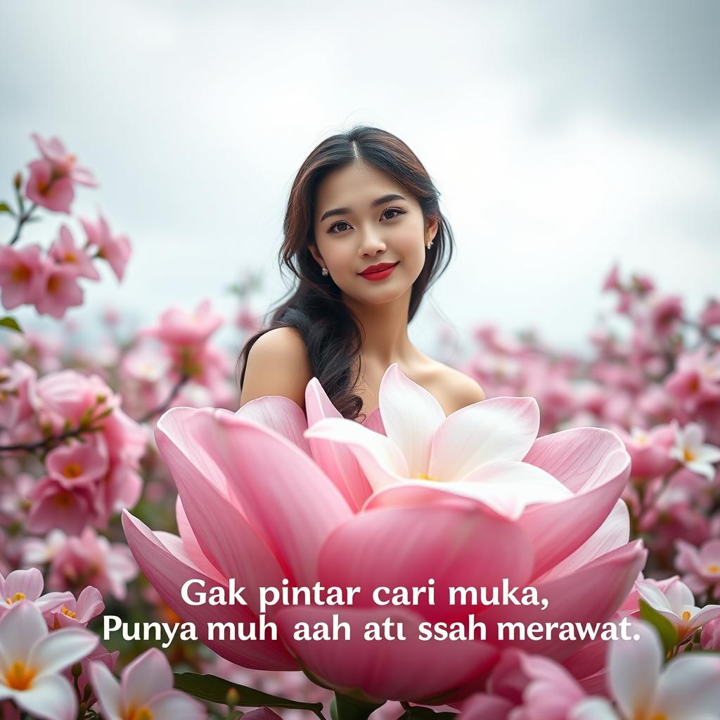 A beautiful young Korean woman with an elegant appearance, sitting on a large jasmine flower while glancing softly at the camera with a gentle smile