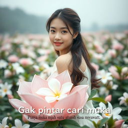 A beautiful young Korean woman with an elegant appearance, sitting on a large jasmine flower while glancing softly at the camera with a gentle smile