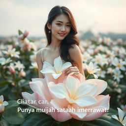 A beautiful young Korean woman with an elegant appearance, sitting on a large jasmine flower while glancing softly at the camera with a gentle smile
