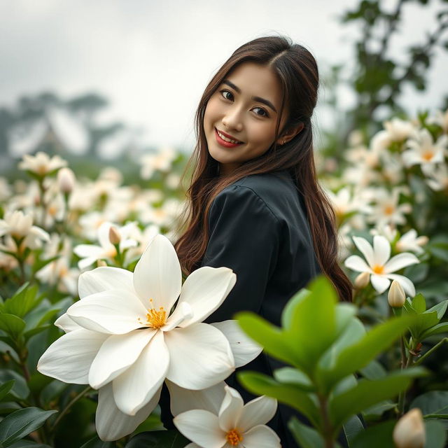 A beautiful young Korean woman with an elegant appearance, sitting on a large jasmine flower while glancing softly at the camera with a gentle smile