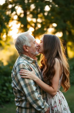 An old man and a young woman sharing a gentle and affectionate kiss in a soft-focus, beautifully lit outdoor setting during golden hour