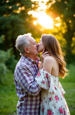 An old man and a young woman sharing a gentle and affectionate kiss in a soft-focus, beautifully lit outdoor setting during golden hour