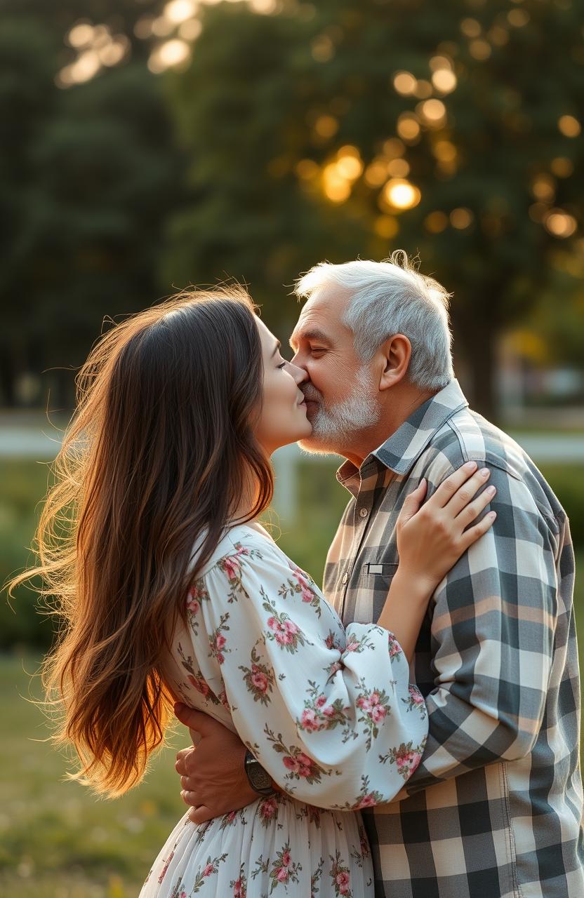 An old man and a young woman sharing a gentle and affectionate kiss in a soft-focus, beautifully lit outdoor setting during golden hour