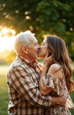 An old man and a young woman sharing a gentle and affectionate kiss in a soft-focus, beautifully lit outdoor setting during golden hour