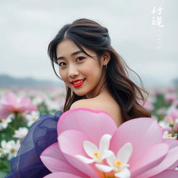 A beautiful young Korean woman with an elegant appearance, sitting on a large jasmine flower, glancing at the camera with a soft smile