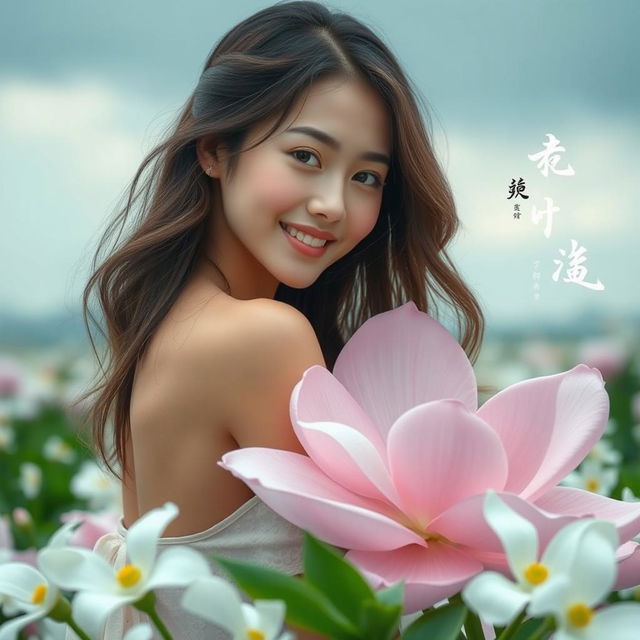 A beautiful young Korean woman with an elegant appearance, sitting on a large jasmine flower, glancing at the camera with a soft smile