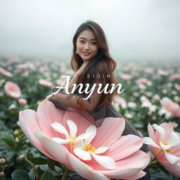 A beautiful young Korean woman with an elegant appearance, sitting on a large jasmine flower, glancing at the camera with a soft smile