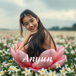 A beautiful young Korean woman with an elegant appearance, sitting on a large jasmine flower, glancing at the camera with a soft smile