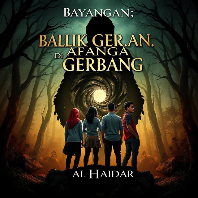 Book cover design for a captivating novel titled 'Bayangan di Balik Gerbang' by Al Haidar