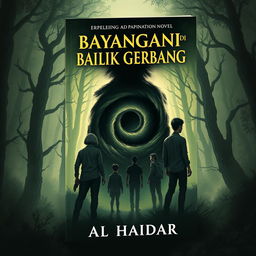 Book cover design for a captivating novel titled 'Bayangan di Balik Gerbang' by Al Haidar