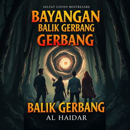 Book cover design for a captivating novel titled 'Bayangan di Balik Gerbang' by Al Haidar