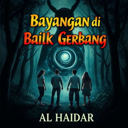 Book cover design for a captivating novel titled 'Bayangan di Balik Gerbang' by Al Haidar