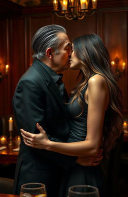 An intense yet romantic scene of an old mafia man in a classic black suit, with slicked-back hair and a fedora, leaning in to softly kiss a young woman who appears to be in her early twenties