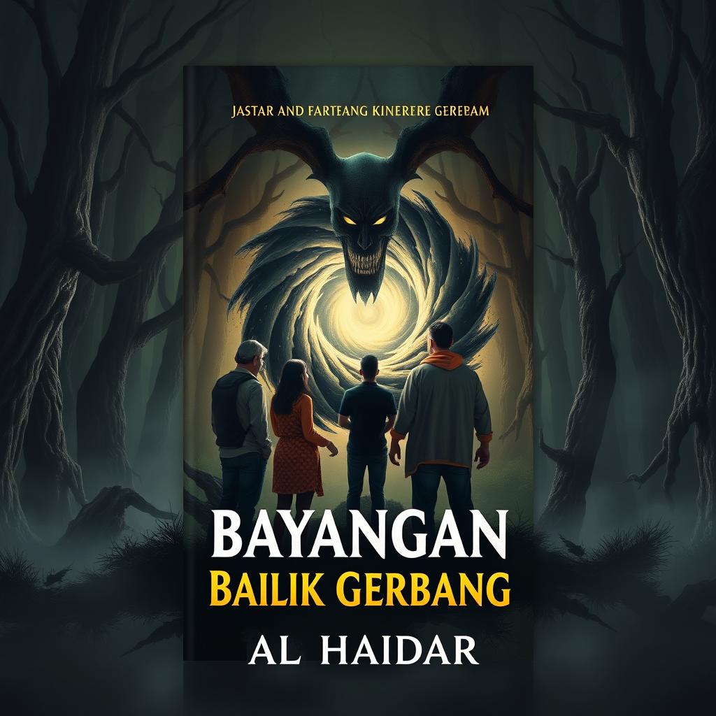 A dramatic book cover design for the novel 'Bayangan di Balik Gerbang' by Al Haidar