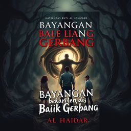 A dramatic book cover design for the novel 'Bayangan di Balik Gerbang' by Al Haidar