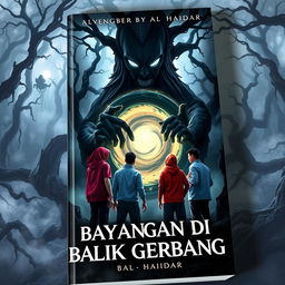 A dramatic book cover design for the novel 'Bayangan di Balik Gerbang' by Al Haidar