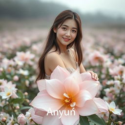 A beautiful young Korean woman, appearing graceful, sitting atop a large jasmine flower while glancing at the camera with a gentle smile