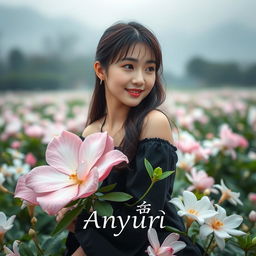 A beautiful young Korean woman, appearing graceful, sitting atop a large jasmine flower while glancing at the camera with a gentle smile