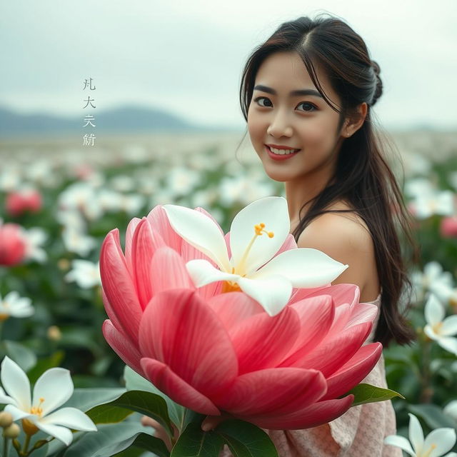 A beautiful young Korean woman, appearing graceful, sitting atop a large jasmine flower while glancing at the camera with a gentle smile