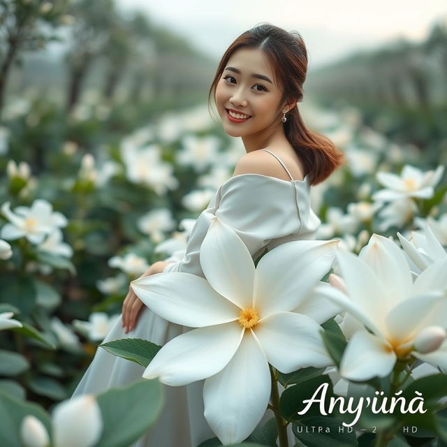 A beautiful young Korean woman, elegantly styled, sitting on a large jasmine flower while glancing at the camera with a gentle smile