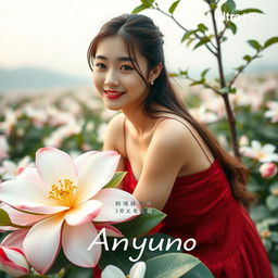 A beautiful young Korean woman, elegantly styled, sitting on a large jasmine flower while glancing at the camera with a gentle smile
