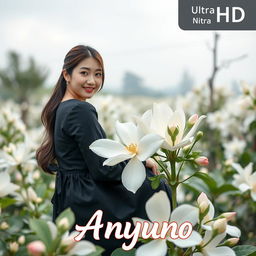 A beautiful young Korean woman, elegantly styled, sitting on a large jasmine flower while glancing at the camera with a gentle smile