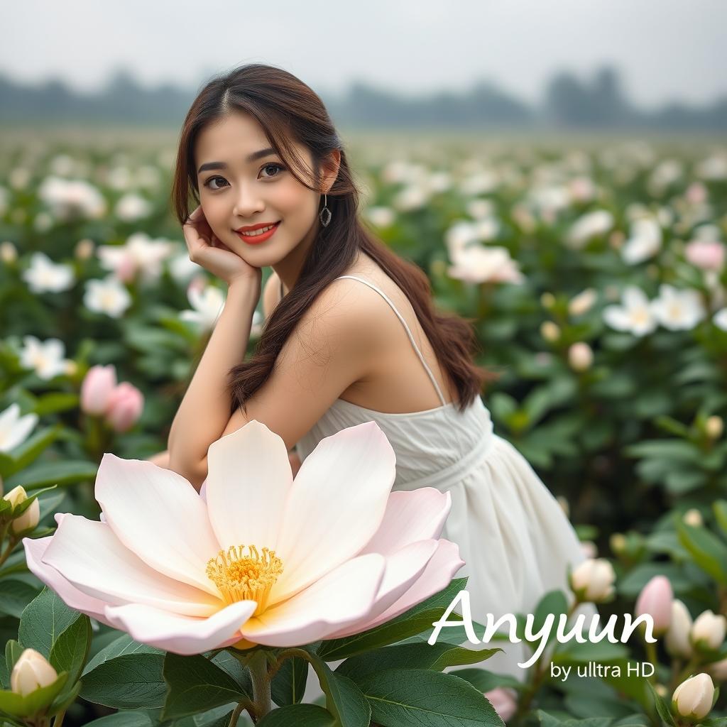 A beautiful young Korean woman, elegantly styled, sitting on a large jasmine flower while glancing at the camera with a gentle smile