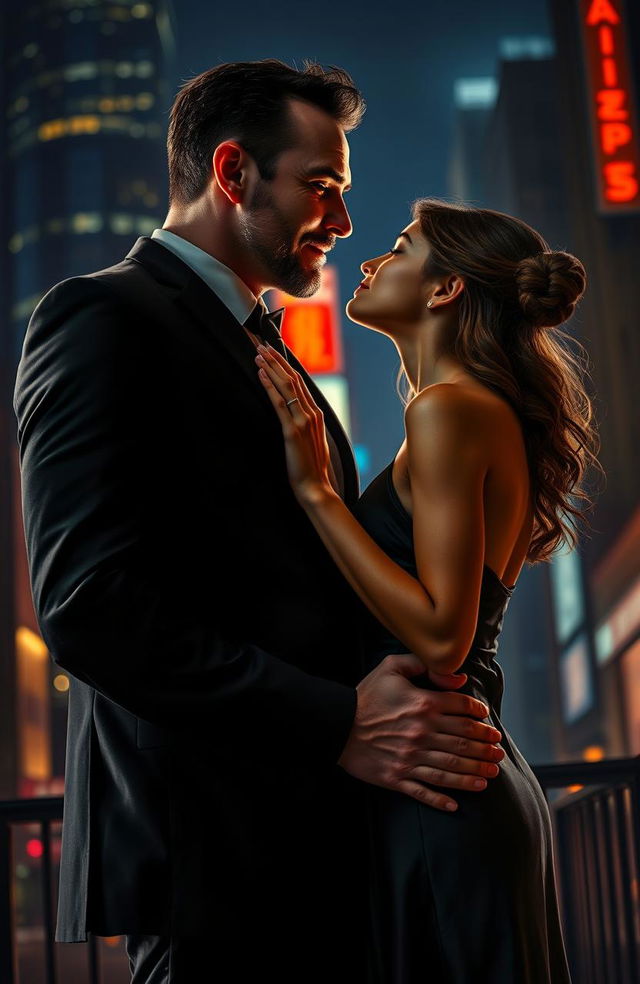 An intense, romantic scene depicting a 48-year-old mafia man with a muscular, tall build, dressed in a sharp black suit, leaning in to kiss a 18-year-old petite girl who is wearing a stylish, elegant dress