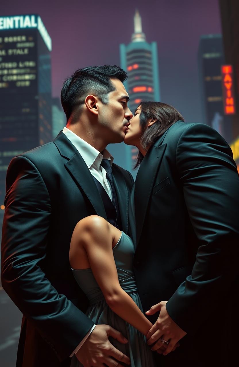 An intense, romantic scene depicting a 48-year-old mafia man with a muscular, tall build, dressed in a sharp black suit, leaning in to kiss a 18-year-old petite girl who is wearing a stylish, elegant dress