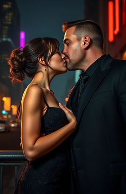 An intense, romantic scene depicting a 48-year-old mafia man with a muscular, tall build, dressed in a sharp black suit, leaning in to kiss a 18-year-old petite girl who is wearing a stylish, elegant dress