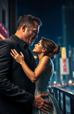 An intense, romantic scene depicting a 48-year-old mafia man with a muscular, tall build, dressed in a sharp black suit, leaning in to kiss a 18-year-old petite girl who is wearing a stylish, elegant dress