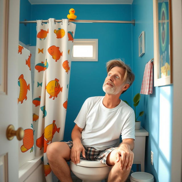 A humorous scene depicting a middle-aged man with a surprised expression sitting on a toilet, surrounded by colorful bathroom decor