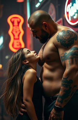 A dramatic scene featuring a 48-year-old mafia man, tall and muscular, with prominent tattoos visible on his arms