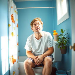 A humorous scene depicting a middle-aged man with a surprised expression sitting on a toilet, surrounded by colorful bathroom decor